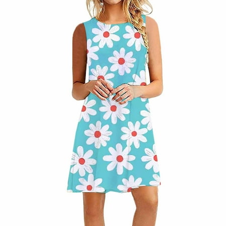 

YanHoo Women s Mini Dresses Clearance 2023 Round Neck Sleeveless Sundress Summer Casual Beach Floral Print Dress