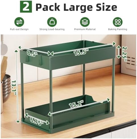 Under Sink Organizer 2 Pack, Sink Pull-Out Sliding Storage Cabinet, 2-Tier Under Shelf Organizer for Kitchen Bathroom, Green