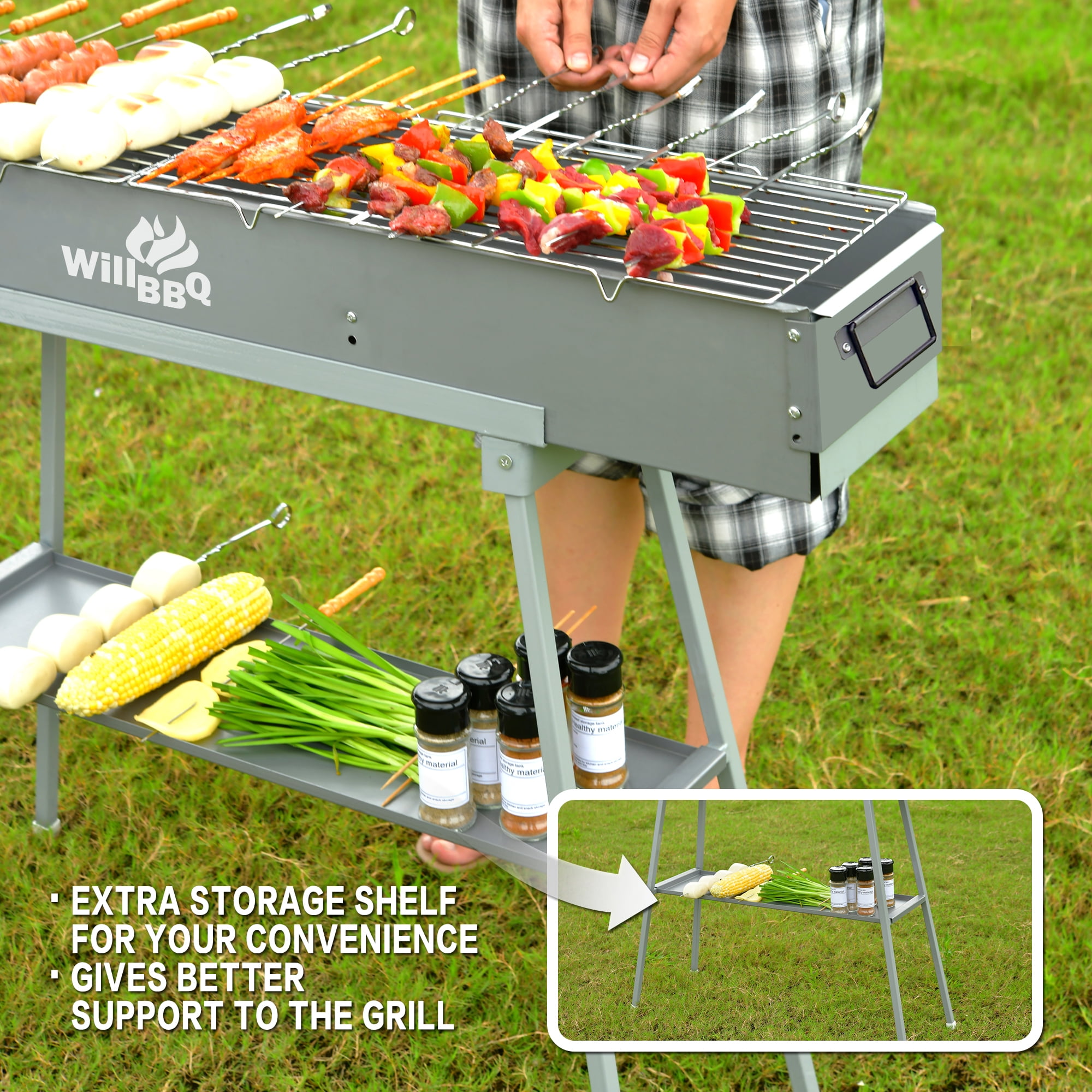 WILLBBQ Charcoal Grills Commercial Quality Portable Hibachi BBQ Lamb Skewer Folded Camping Barbecue Grill for Backyard Outdoor Cooking Use(31.6x7.1x5.1 inch) - The Perfect Gifts for Grill Lovers