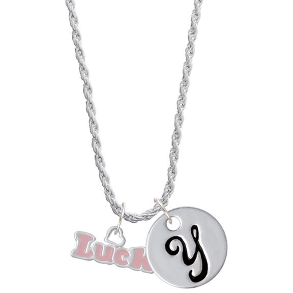 Delight Jewelry Pink ''Luck'' with Heart Silvertone Script Initial Disc - Y - Charm Necklace, 20"+3"