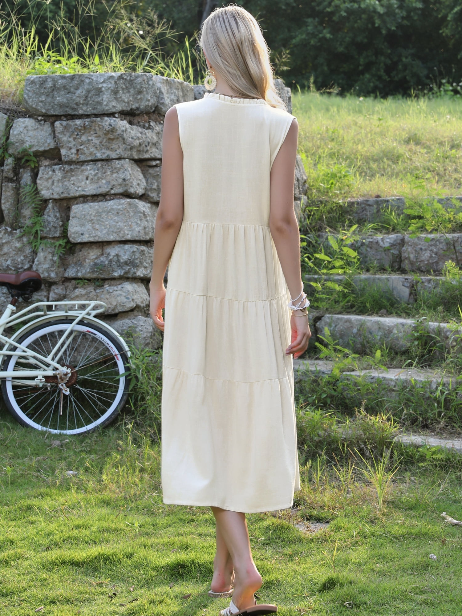 DARING DIVA Women's Linen Sleeveless V Neck Bow Tie Ruffle Collar Flowy Dress M Apricot