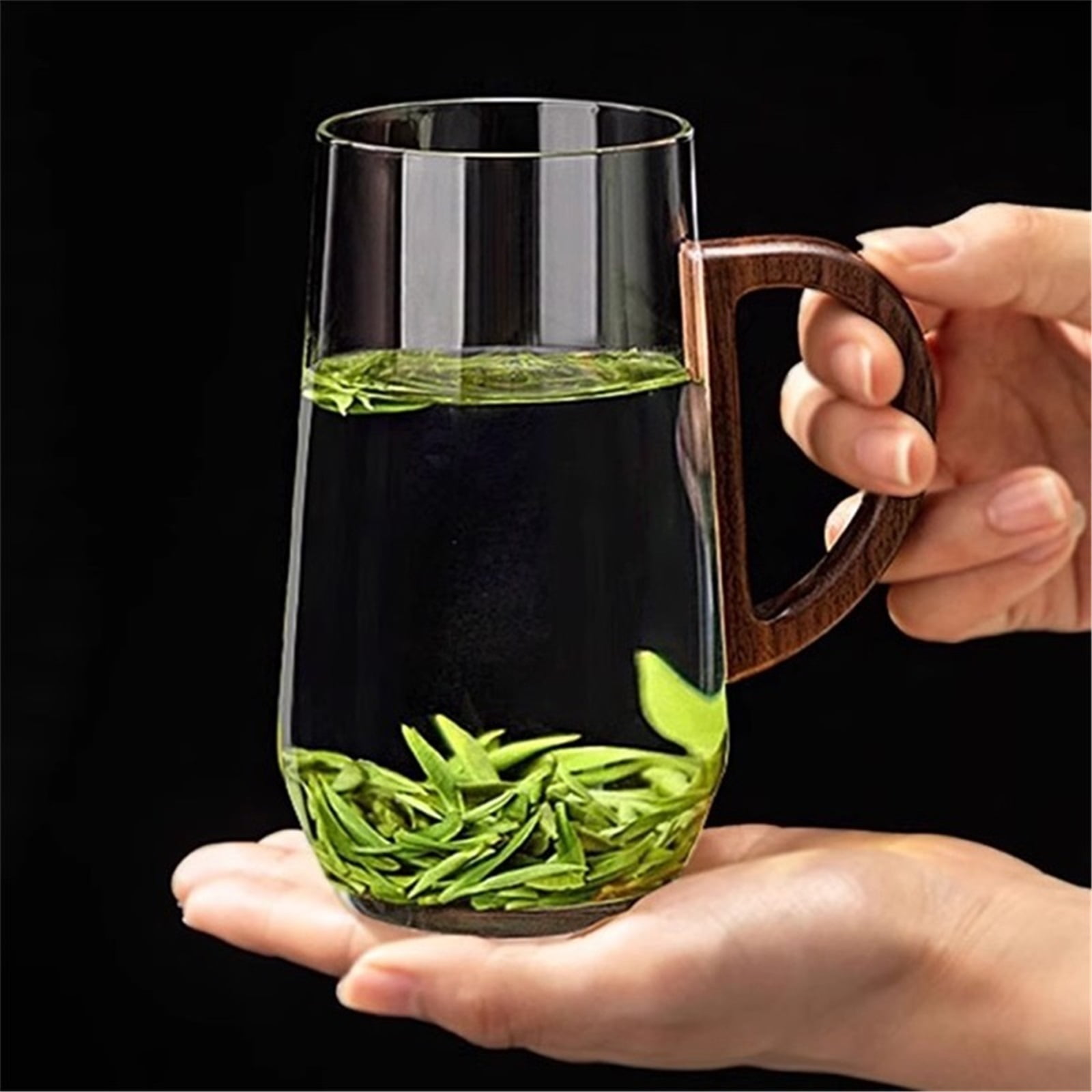 Glass Mug with Wooden Handle, Clear Borosilicate Glass Cup for Tea, Latte, Espresso Coffee and Juice, 17.6oz/500ml
