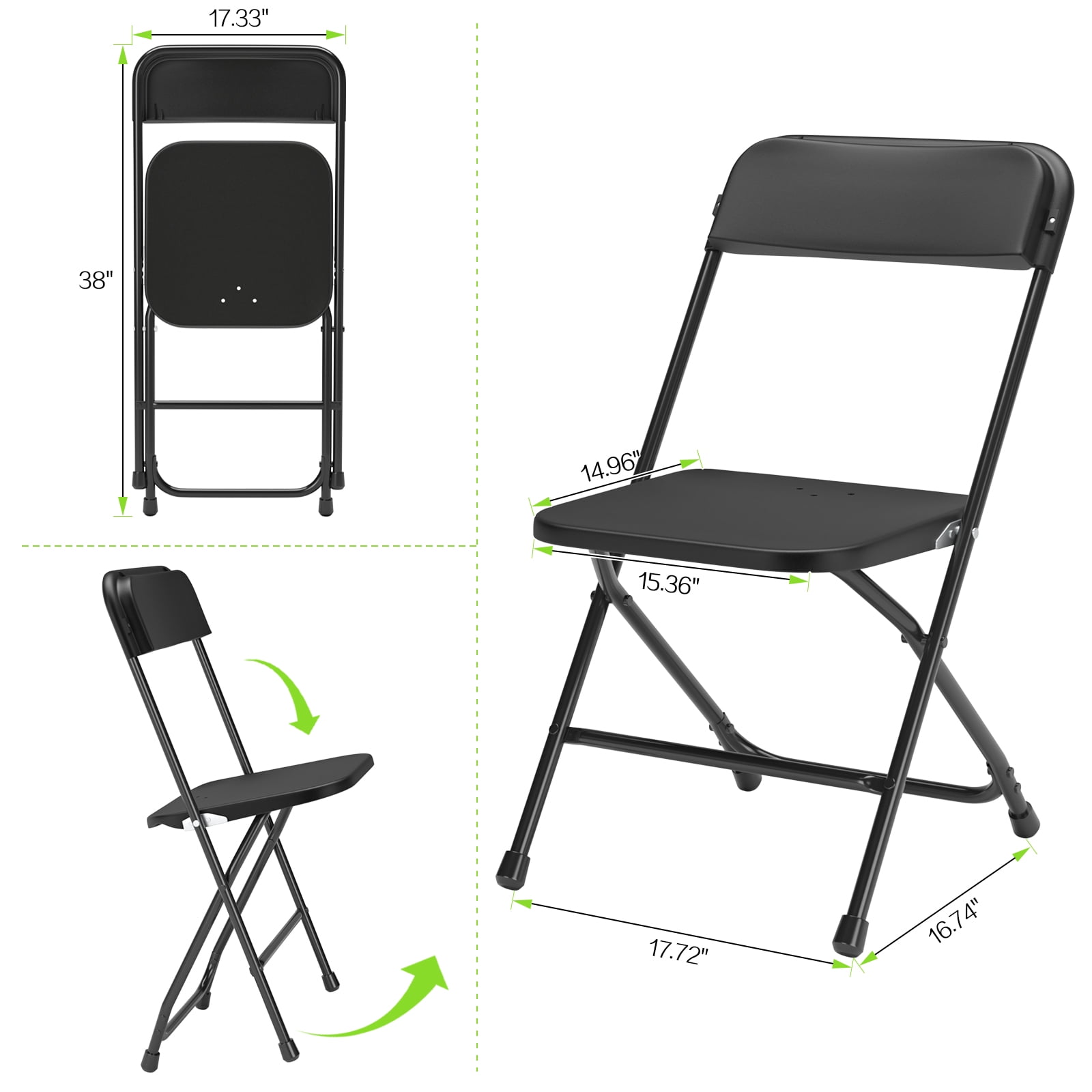 Capri Black Plastic Folding Chair 10 Pack with Steel Frame, Hold up to 350 lbs, Indoor Outdoor Portable Stackable Event Chair Commercial Seat for Dining Wedding Party Office Picnic Kitchen