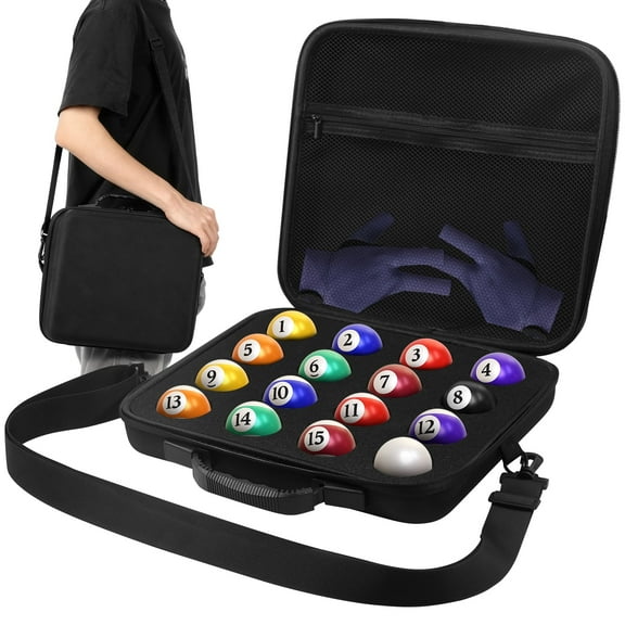 Pool Ball Carrying Case with Carry Handle and Adjustable Shoulder Strap 16 Holes Billiard Ball Case with Mesh Pocket for Travel