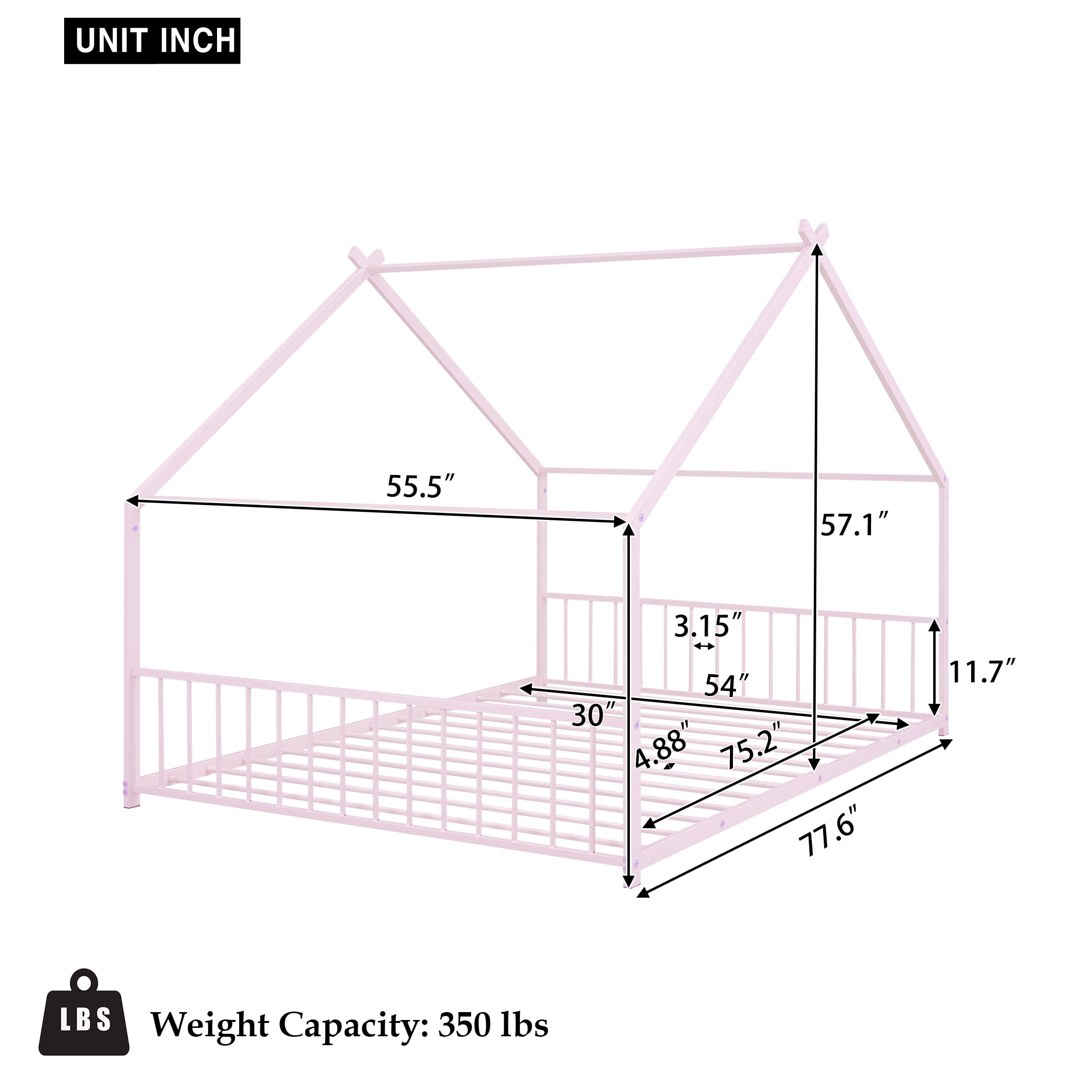 Bellemave Full Size Metal House Bed with Headboard and Footboard Montessori House Bed, Metal Floor Bed with Roof, No Box Spring Needed, Pink