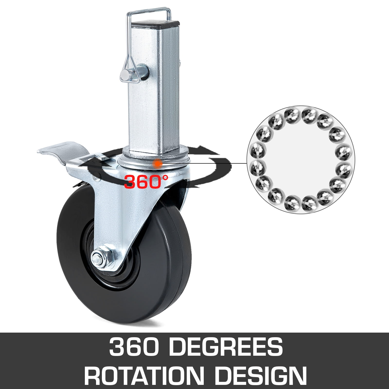 VEVOR 4 Pack 5" Heavy Duty Scaffolding Rubber Swivel Caster With Dual Locking 1.25" Square Stem 440LBS Capacity Per Wheel