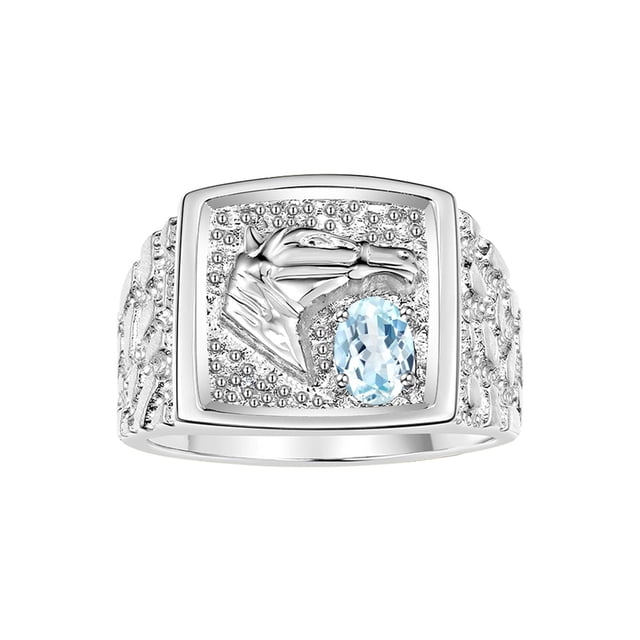 RYLOS Men's Rings Sterling Silver Rings Lucky Nugget Horse Head 6X4MM Oval Gemstone & Diamond Ring Aquamarine March Birthstone Rings For Men Size 8