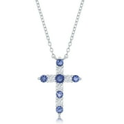 925 Sterling Silver Simulated 20mm Garnet, Amethyst, Aquamarine, White Topaz, Emerald, Lavender, Ruby, Peridot, Sapphire, Pink, Citrine, and Swiss Blue Birthstone 16+2 Cross Necklace