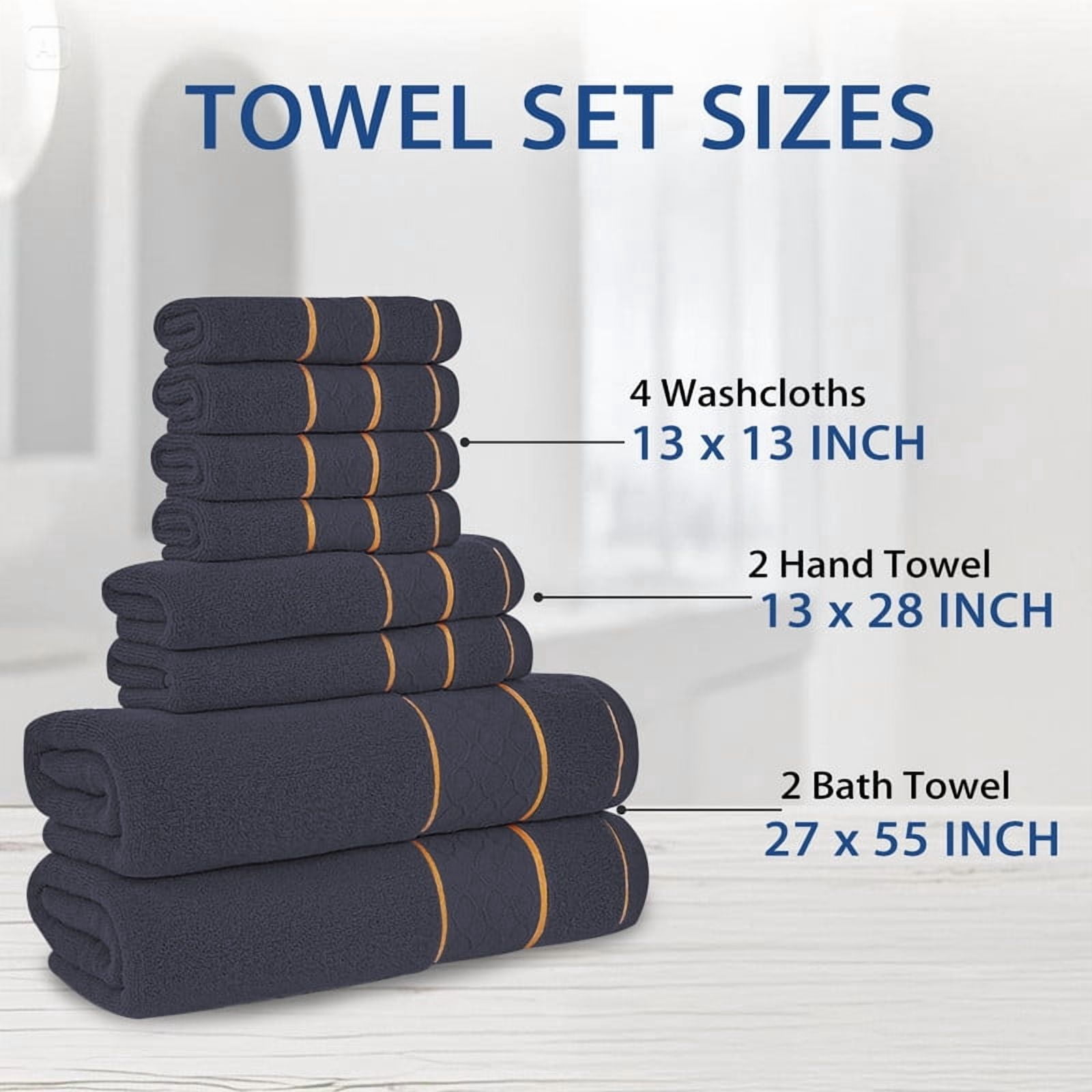 JML Dark Gray Bath Towel Set of 8 Pieces - Cotton Blend Highly Absorbent Towels for Bathroom, 2 Soft Bath Towels, 2 Hand Towels, 4 Washcloths