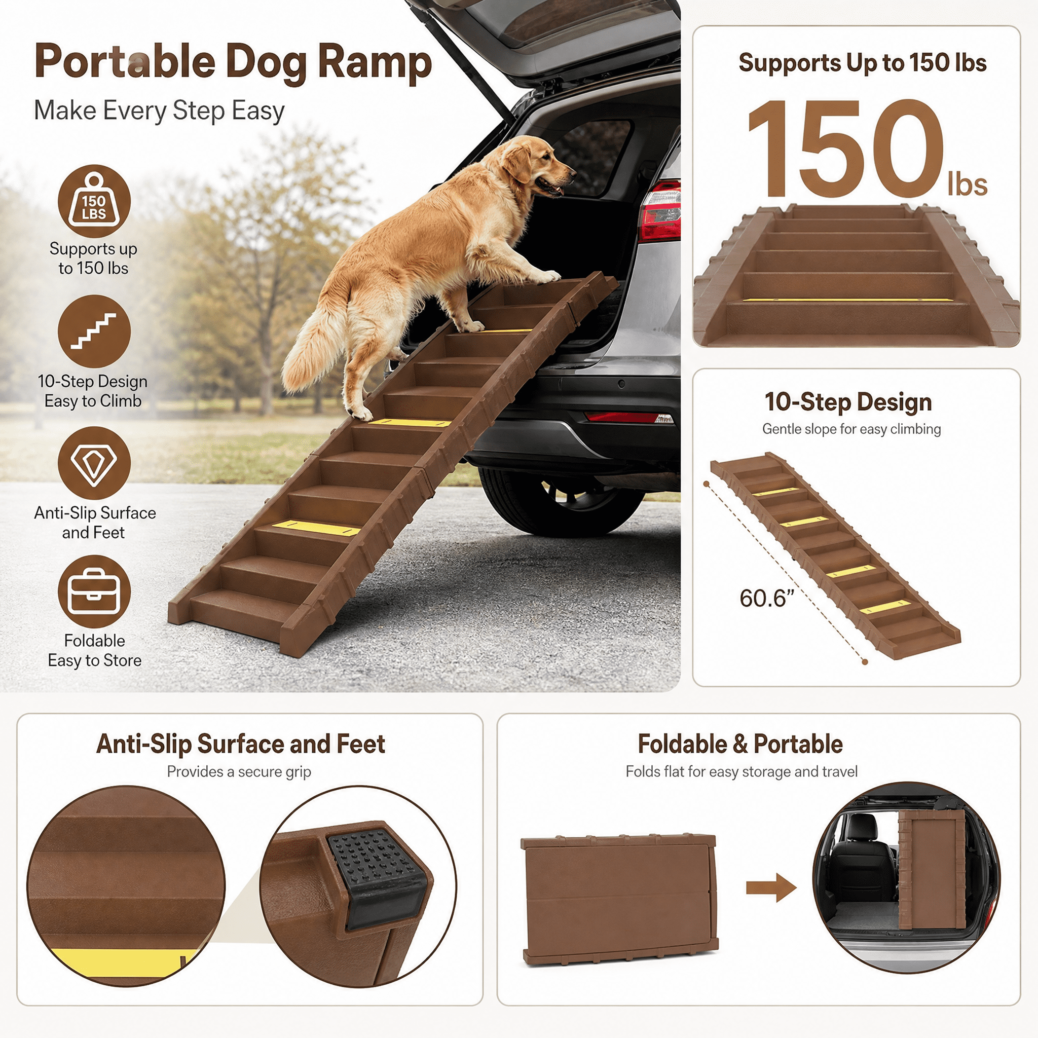 Portable Dog Ramp, Foldable Stairs for Medium Small Dogs to Get on Car Truck SUV, Brown