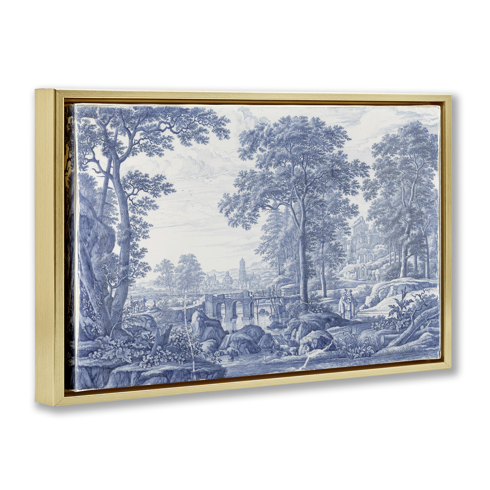 Vintage Blue Tinted Toile Gold Framed Floater Canvas Wall Art, design by Vintage Hustle