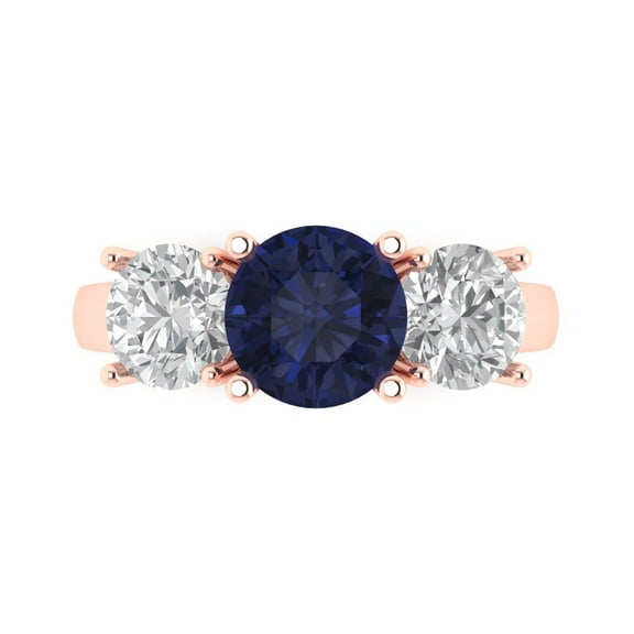 Three-Stone Engagement Ring for Women - 3ct Simulated Blue Sapphire in 14K Rose Gold Promise Ring
