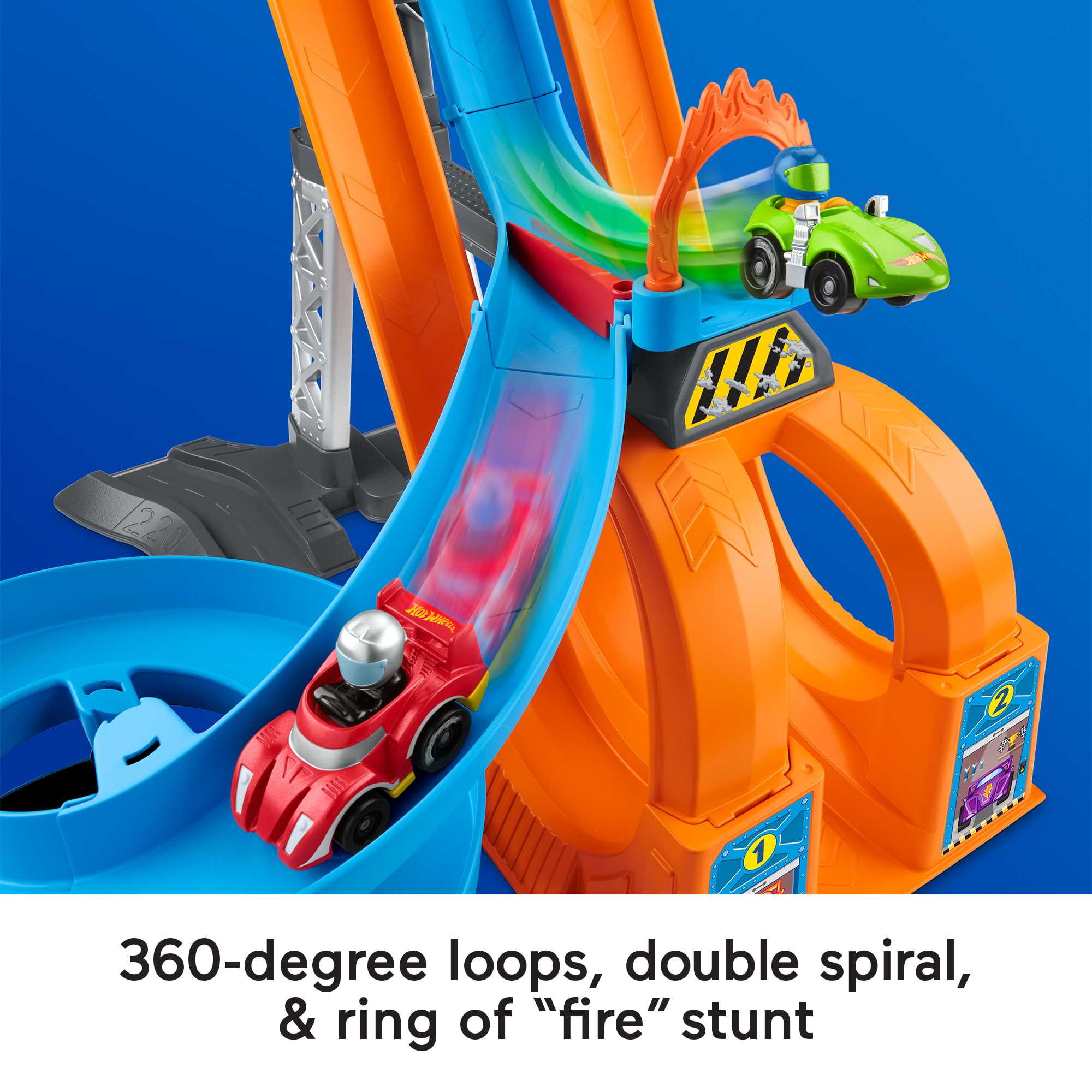 Little People Hot Wheels Track Playset Racing Loops Tower with 2 Toy Cars For Toddlers Ages 18 months and up