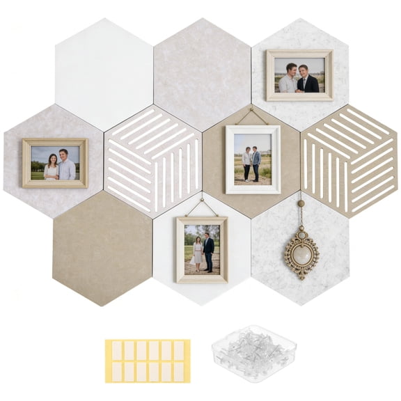 10 PCS 12 in Hexagon Cork Board Tiles, Self Adhesive Frameless Felt Bulletin Boards for Home Office Wall Decor, Vision Board Pinboard with Push Pins, Large Hex Cork Wall Panels