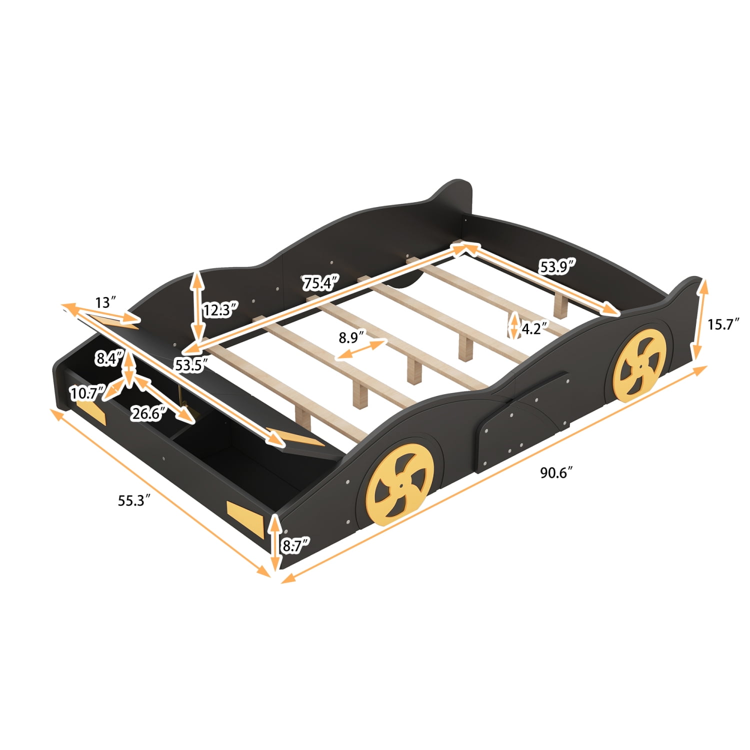Harper & Bright Designs Full Size Race Car Bed Platform Bed for Kids, Wood Car-Shaped Kids Bed Frame with Storage and Wheels for Boys Girls, Black