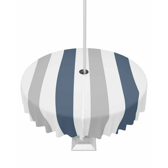 Fsddascl Blue Gray Striped Outdoor Tablecloth - 60 Inch Round Dining Table Cover, Farmhouse Stripe Art Waterproof Outdoor Table Cloth with Umbrella Hole & Zipper for Picnic/Patio/Party