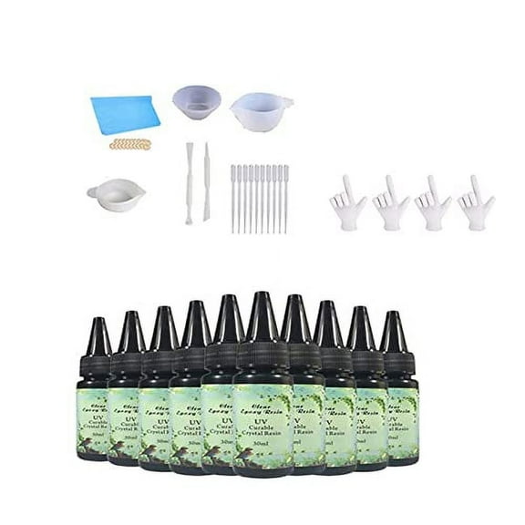 UV Resin Tool Kit-10 Pieces 30ML Crystal UV Resin Curable Clear Glue 9 Type of Silicone Resin Tool Cup Stick, Mat and Finger Cots for Casting & Coating Jewelry Making