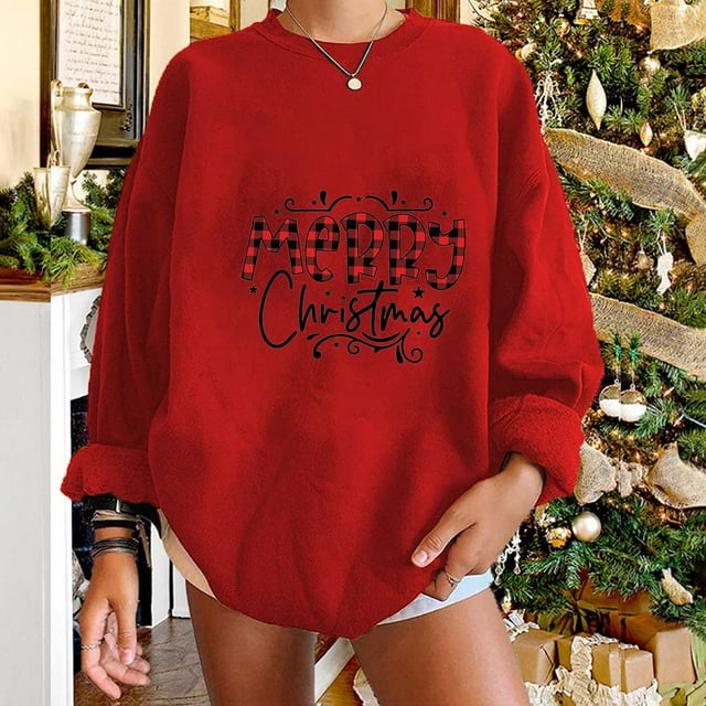 Chandails à Capuchon pour Femmes Mode Femmes Décontracté Imprimé Col Rond Manches Longues T-Shirt Ample Blouse d'Automne Chandail Tops Sans Capuche Chandails en Molleton Femmes Chandails à Capuchon en Liquidation