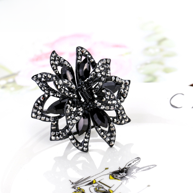 Accesorios para el cabello, pinza grande con diamantes de imitación para mujer, pinza para el cabello de aleación negra, pinza para el cabello con cola de caballo, pinza superior versátil a la moda