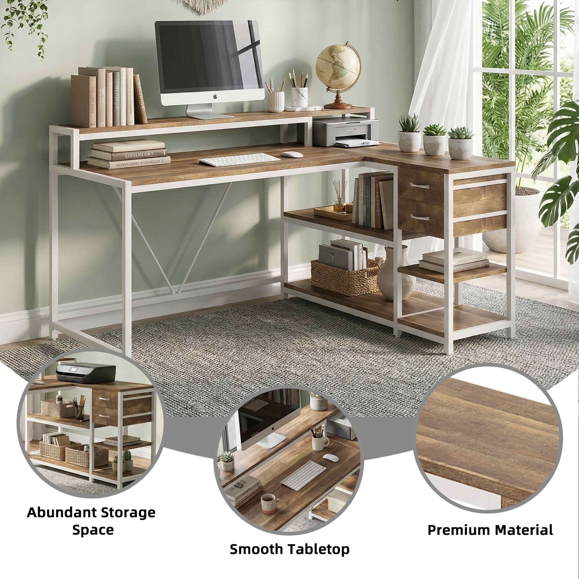 MAYEERTY L-Shaped Corner Desk with Monitor Stand, Drawers & Storage Shelves