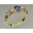 thumbnail image 2 of LBG British Made 18k Yellow Gold Natural Tanzanite & Cultured Pearl Womens Trilogy Ring - 33 size options - Sizes 4 to 12 Available, 2 of 7