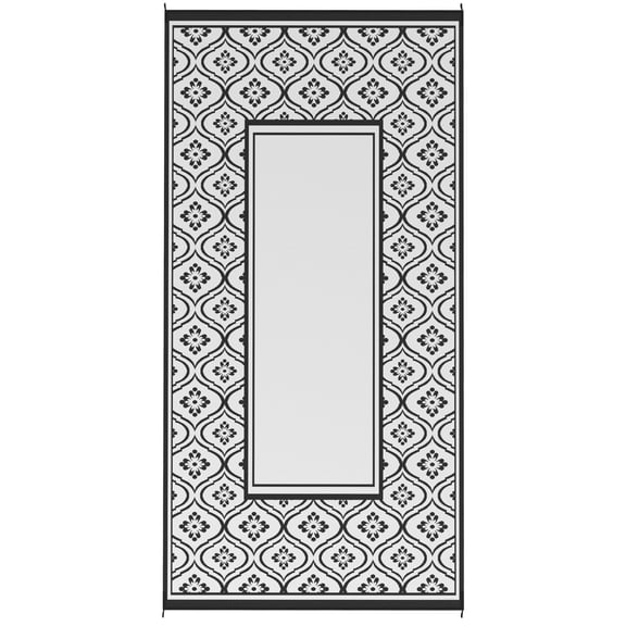 Outsunny Reversible Outdoor Rug Waterproof Plastic Straw with Carry Bag 9‘ x 18‘ Black & White Gourd Border