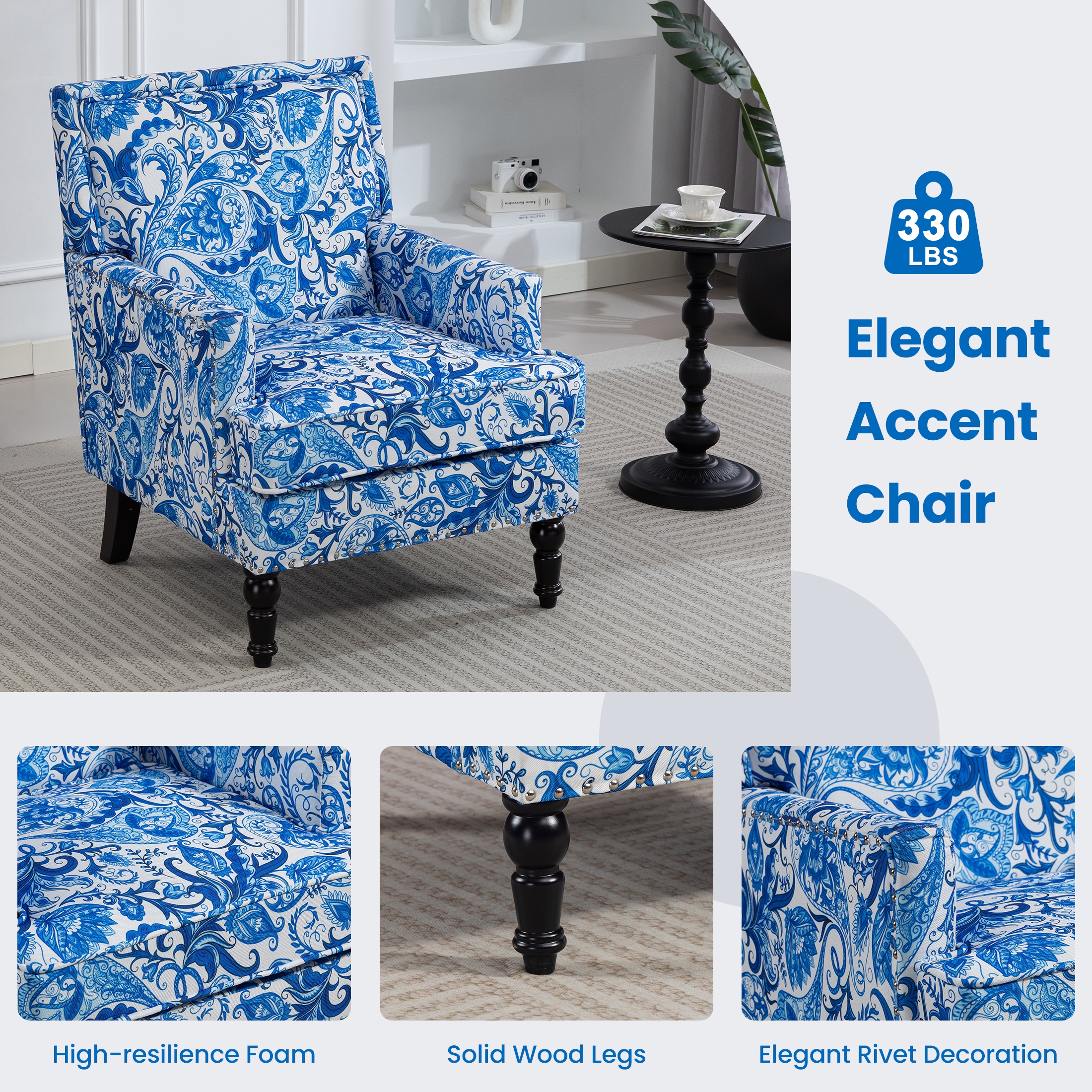 LEGAHOME Vintage Accent Chair, Upholstered Armchair with Nailhead Trim, Linen Fabric Arm Chair Comfort Reading Chair Lounge Chair for Living Room Bedroom Sunroom, Blue(1PC)