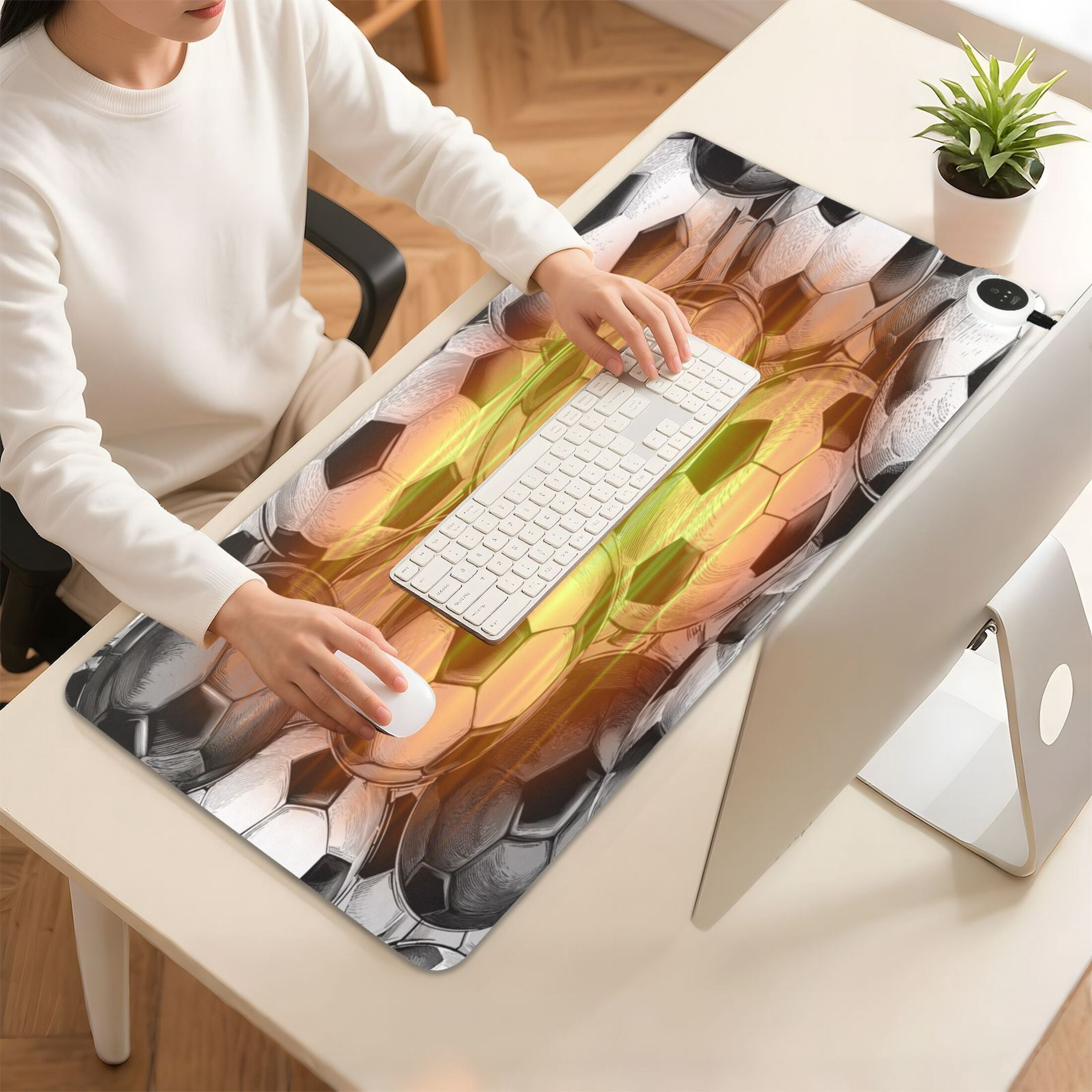 Large Heated Desk Mat Mouse Pad 31.5"x13"PU Leather Graphene Heating Desk Warmer with 3 Temperature Settings 110V US Plug Non-Slip Warm Pad for Home, Office, and Gaming Vintage Soccer Ball Collage