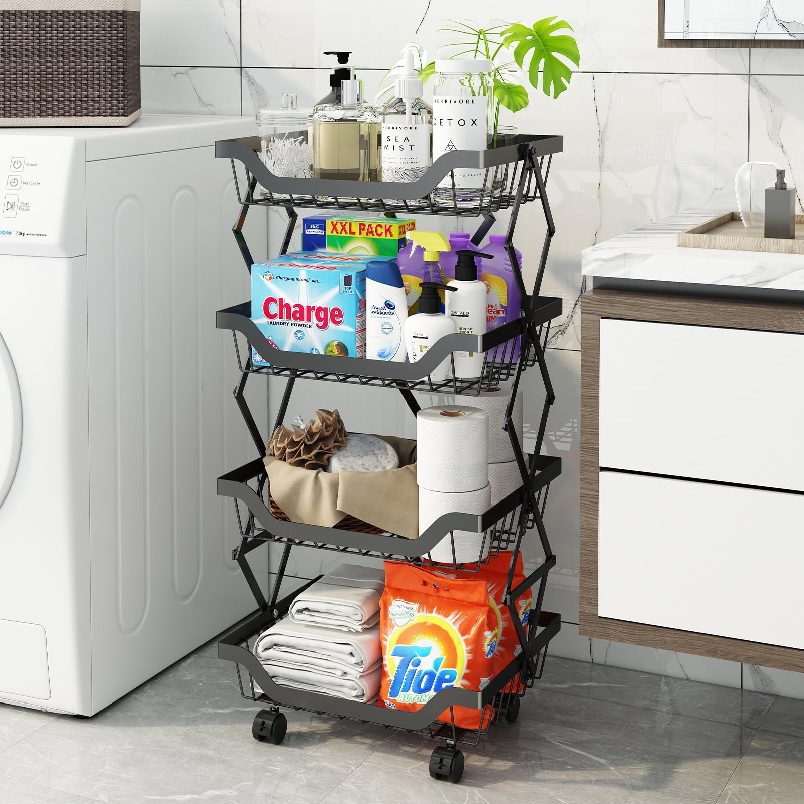 Alexent 4-Tier Foldable Rolling Storage Cart, No Assembly, Space-Saving Metal Organizer with Wheels for Kitchen Pantry Bathroom