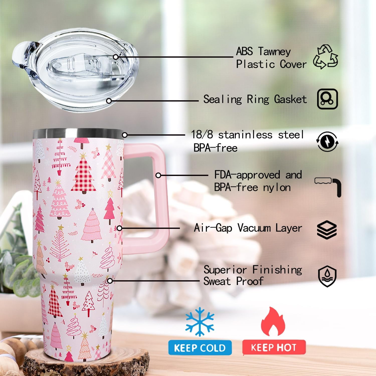 40 Oz Pink Christmas Tree Tumbler With Handle,Christmas Tree Coffee Travel Mug Cup,Christmas Decor,Christmas Gifts for Women