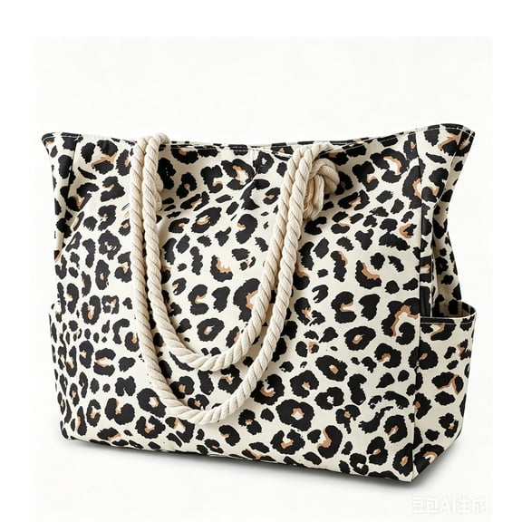 Leopard Print Tote With Rope Handles Large Capacity Beach Shoulder Handbag Pockets Casual Travel Shopping for