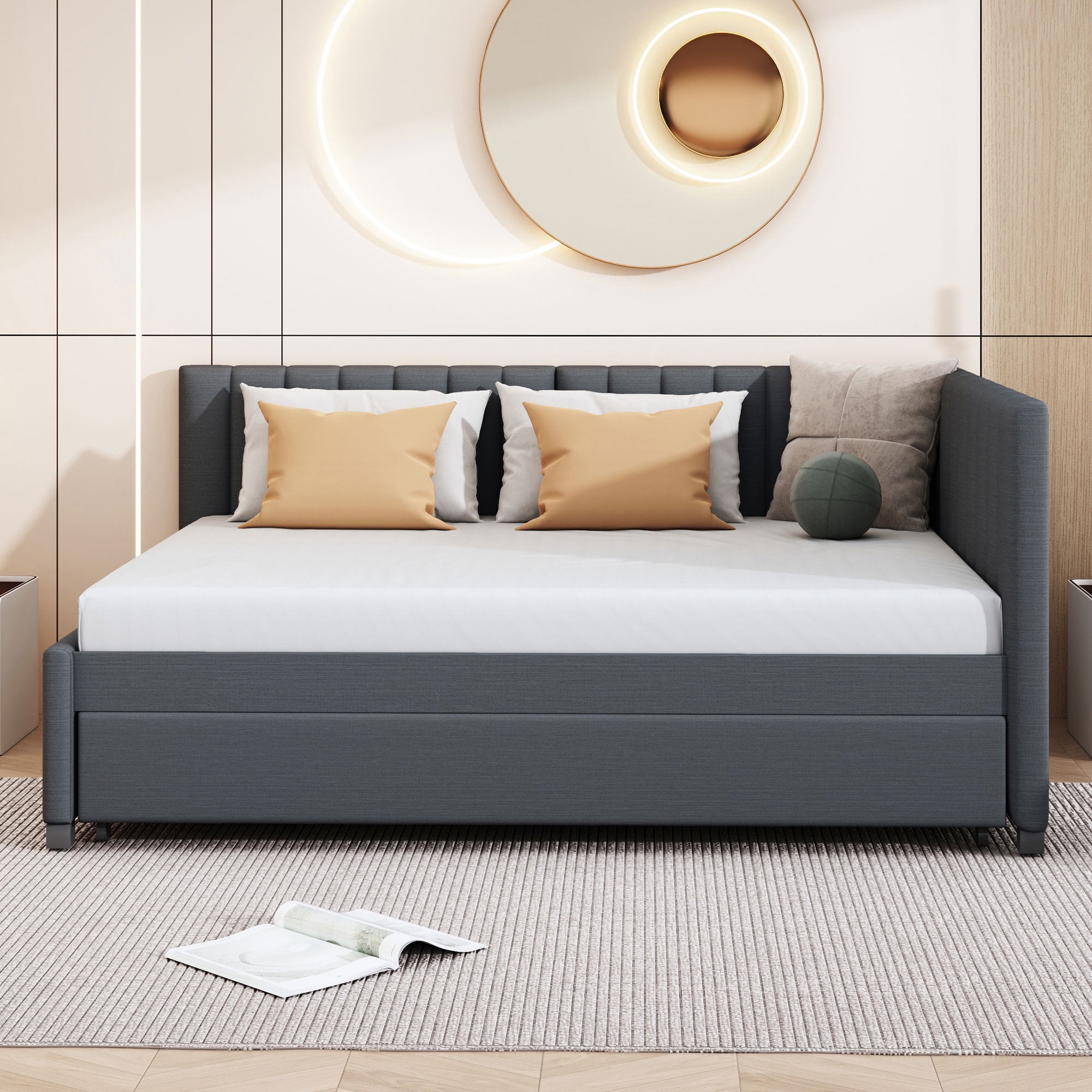 Aukfa Full Size Daybed with Trundle Bed, Upholstered Sofa Bed Frame, Gray