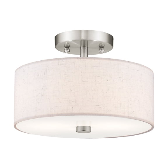 Livex Lighting Meridian 11" 2-Light Metal & Fabric Semi Flush in Brushed Nickel
