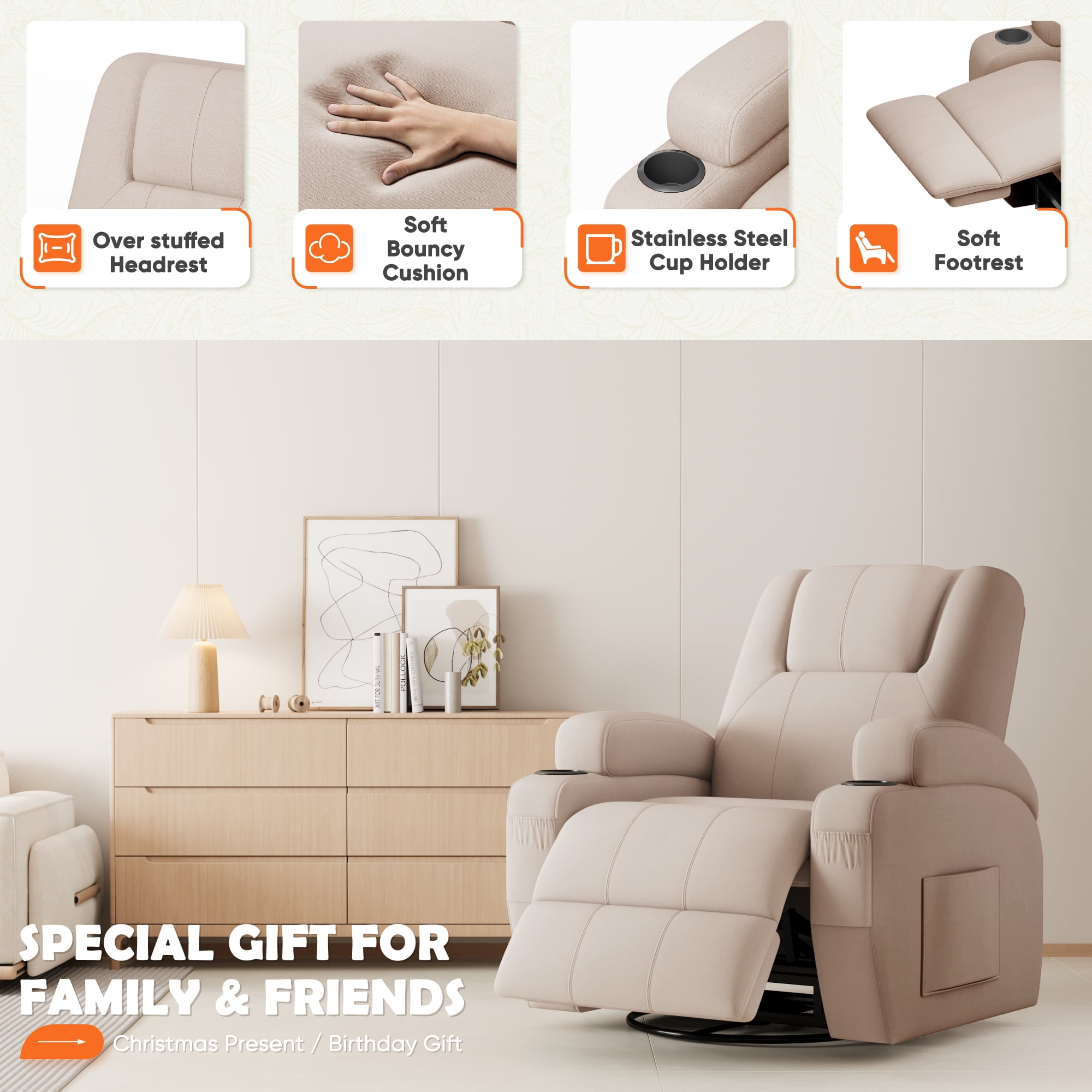 Furmax 360° Swivel Rocking Chair Power Massage Recliner With nursing Needs Oversized Furniture For Living Room,Beige