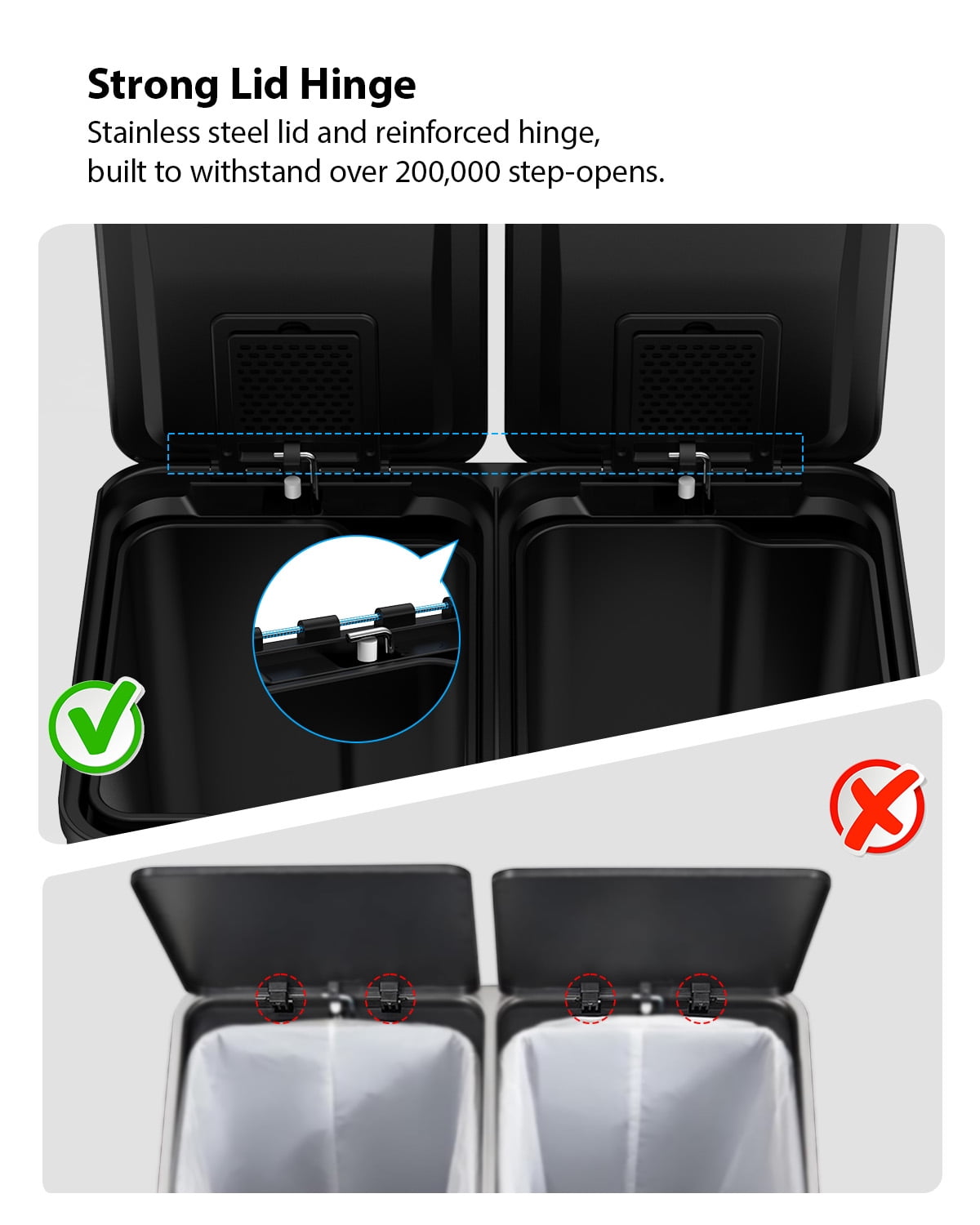 2 x 8 Gallon Kitchen Trash Can, Step Garbage Can Stainless Steel, Trash and Recycle Bin for Kitchen, Dual Compartment Recycling