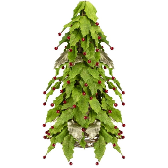 Roman Holly Leaves and Berries Artificial Christmas Cone Tree - Unlit - 18"