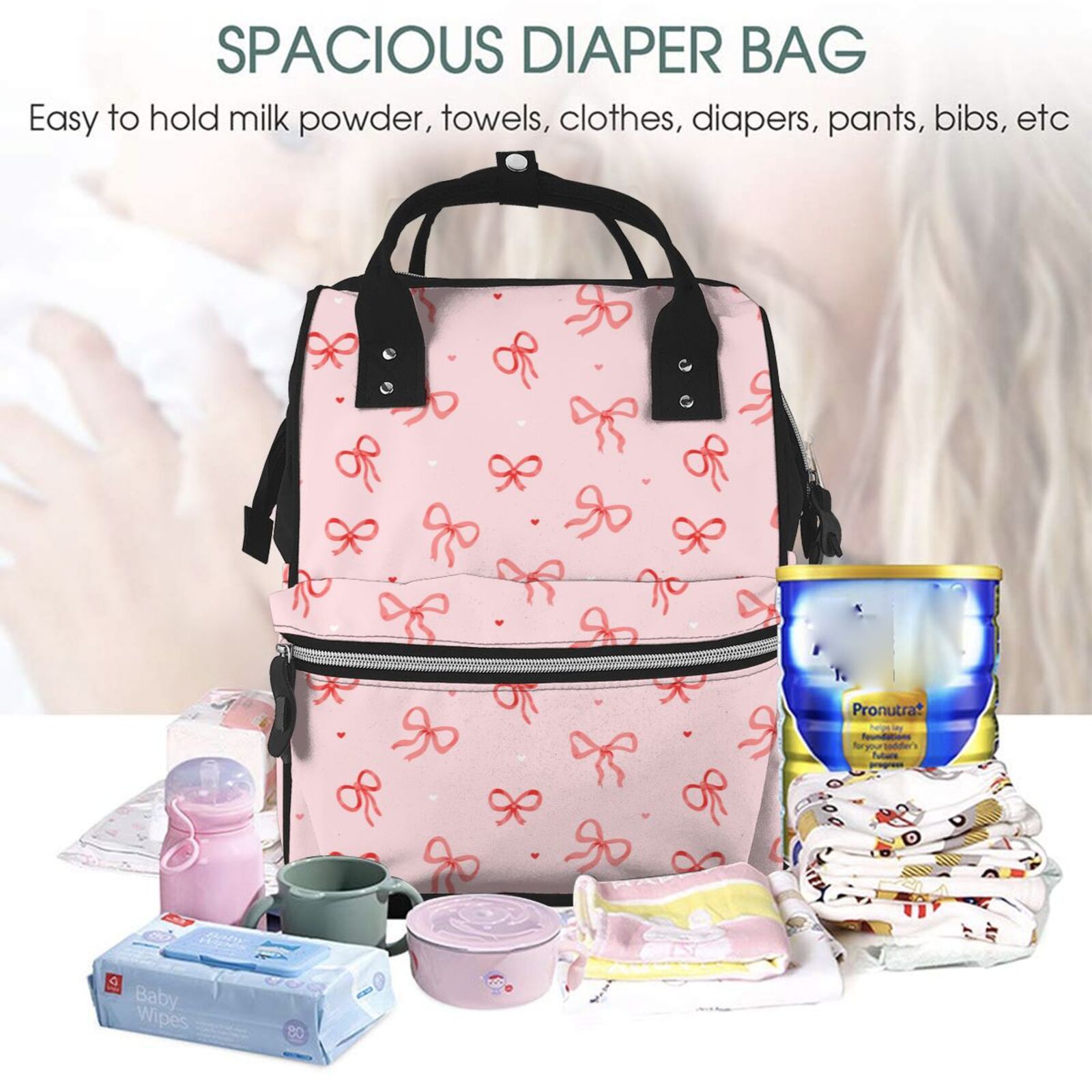 Ratiio Pink Bows1 Mummy Backpack - Waterproof Twill Canvas, Large Capacity Diaper Bag with Multiple Pockets and Adjustable Straps