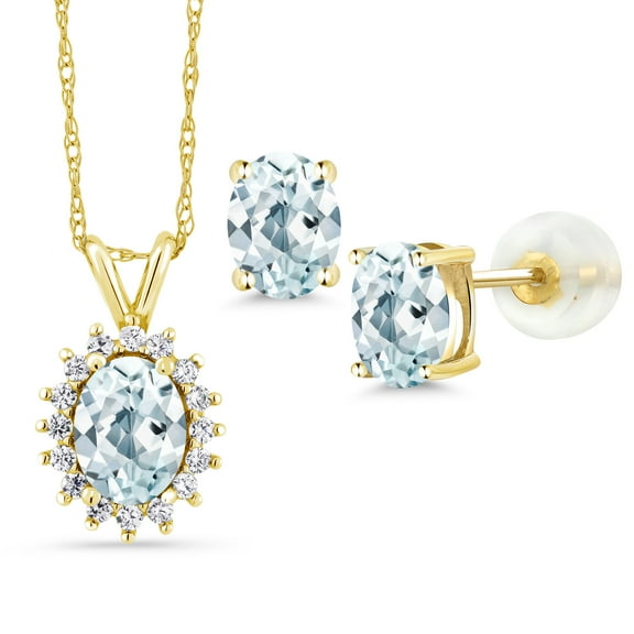 Gem Stone King 14K Yellow Gold Sky Blue Aquamarine Pendant Earrings Set for Women | 2.44 Cttw | Gemstone March Birthstone | Oval 8X6MM and 6X4MM | with 18 inch Chain