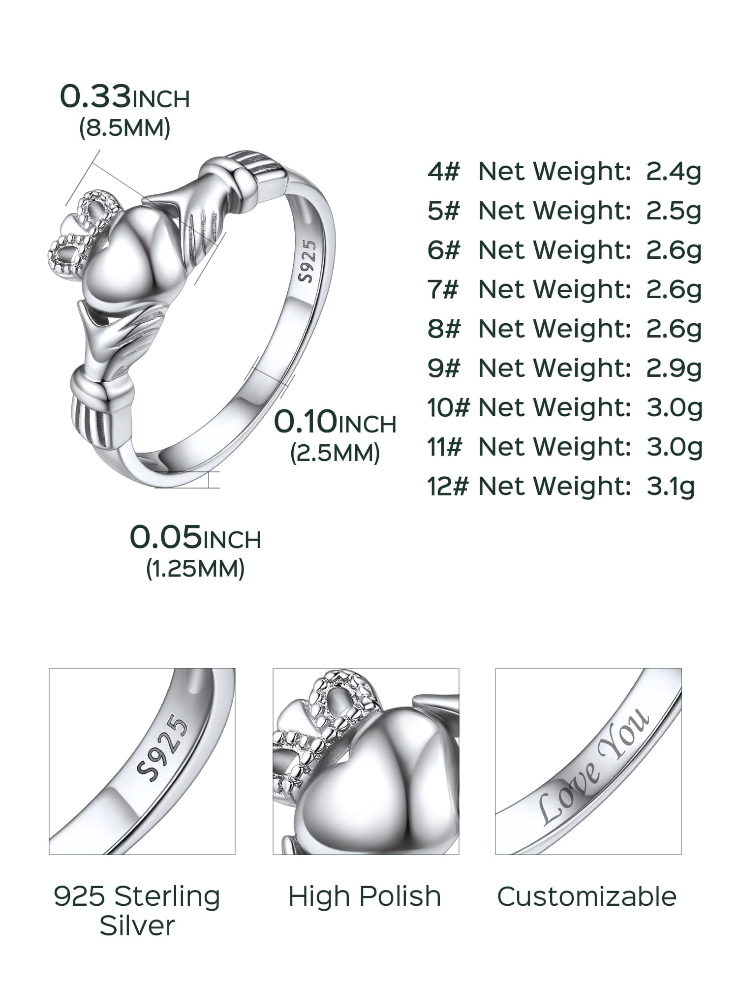 ChicSilver Sterling Silver Irish Claddagh Promise Fashion Ring for Women Unisex Size 4