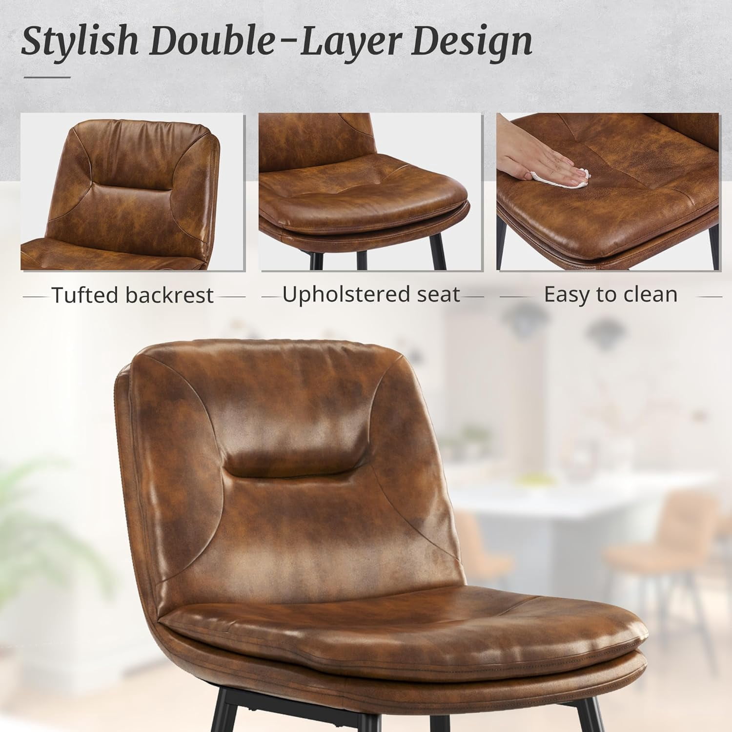 Dycanpo 24”H Bar Stools Set of 6, Double-Layer Upholstered, for Home Kitchen, Yellowish Brown