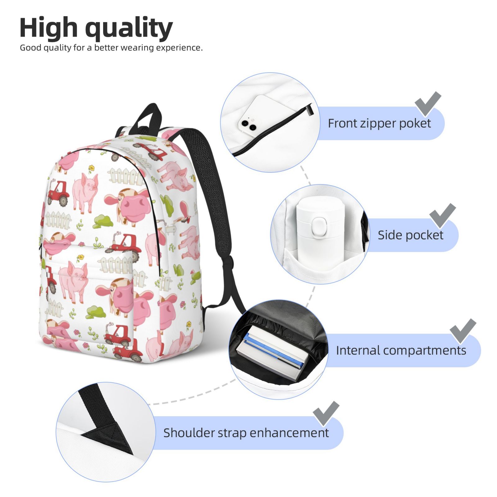 Picia Cow And Pig Printed Canvas Daypack - Stylish and Durable Vintage Compact Backpack - Class, Work, Travel, or Laptop Bookbag,Organized Compartments-Small