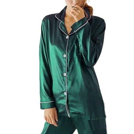 

YXGla 2Pcs Women Autumn Solid Color Imitation Silk Long Sleeve Shirt Pants Pajama Set