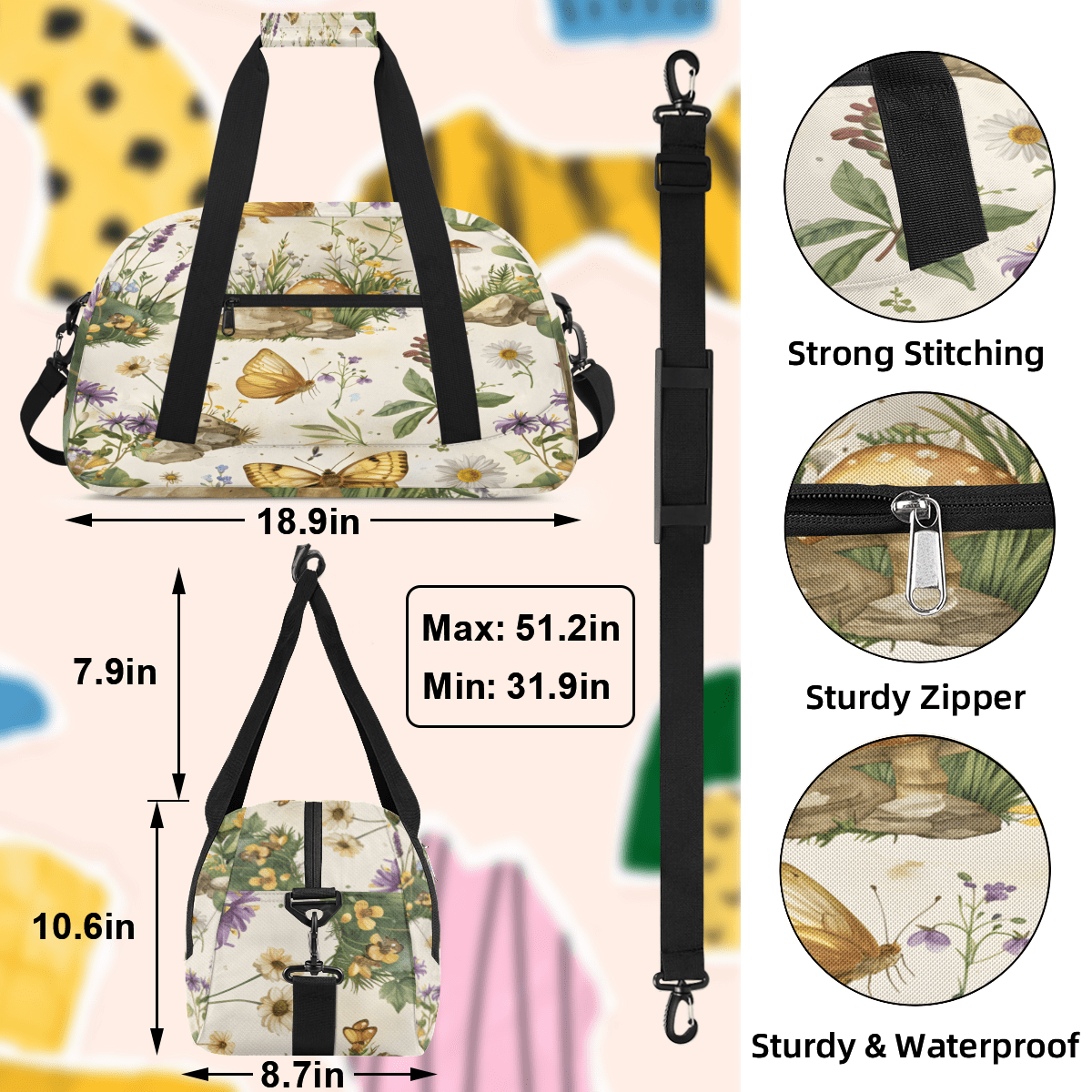 Herdesigns Butterfly Sports Duffle Bag for Women & Men, Floral Gym Bag Dance Bag Overnight Bag Carry On Weekender Travel Bag