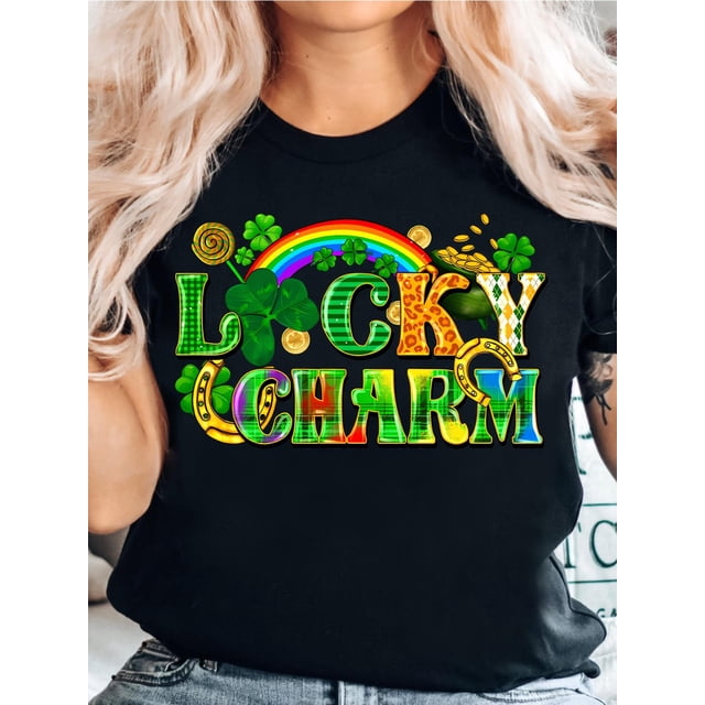 Lucky Charm Letter Print T-Shirt, Three-Leaf Clover Rainbow T-ShirtFather's Day, Mother's Day, New YCamisetas de verano para mujer, manga corta, cuello redondo, casual, lindo, con gráficos, camisetas