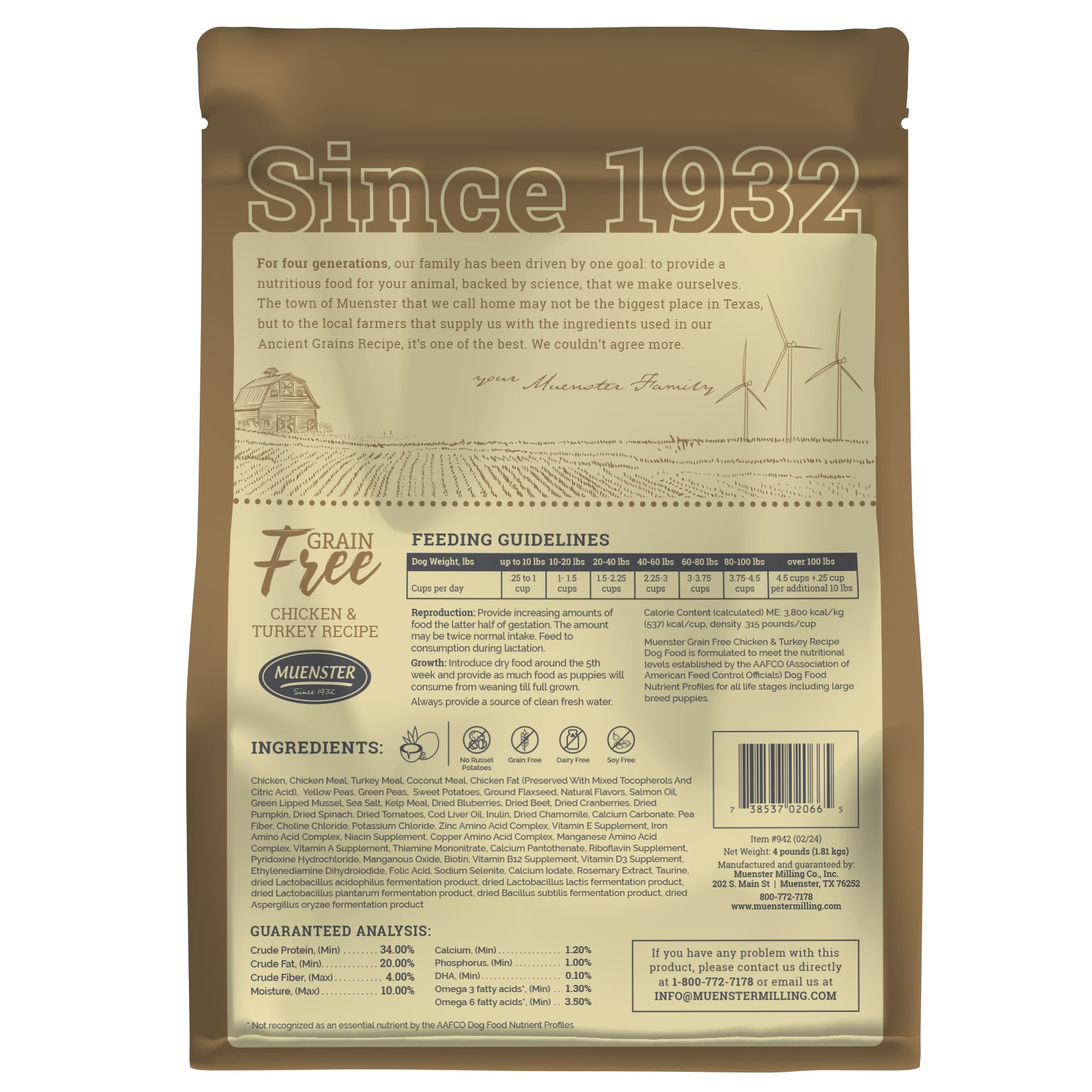 Muenster Grain Free Chicken and Turkey Dog Food, All Life Stages, 4 lb Bag