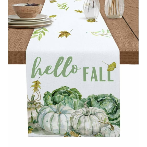 Ldtrchee Green Pumpkins Hello Fall Table Runner 108 Inches, Thanksgiving Maple Leaf Bed Runner Dresser Scarves Tabletop for Indoor Outdoor Parties/Ceremony/Banquet, 13"x 108"