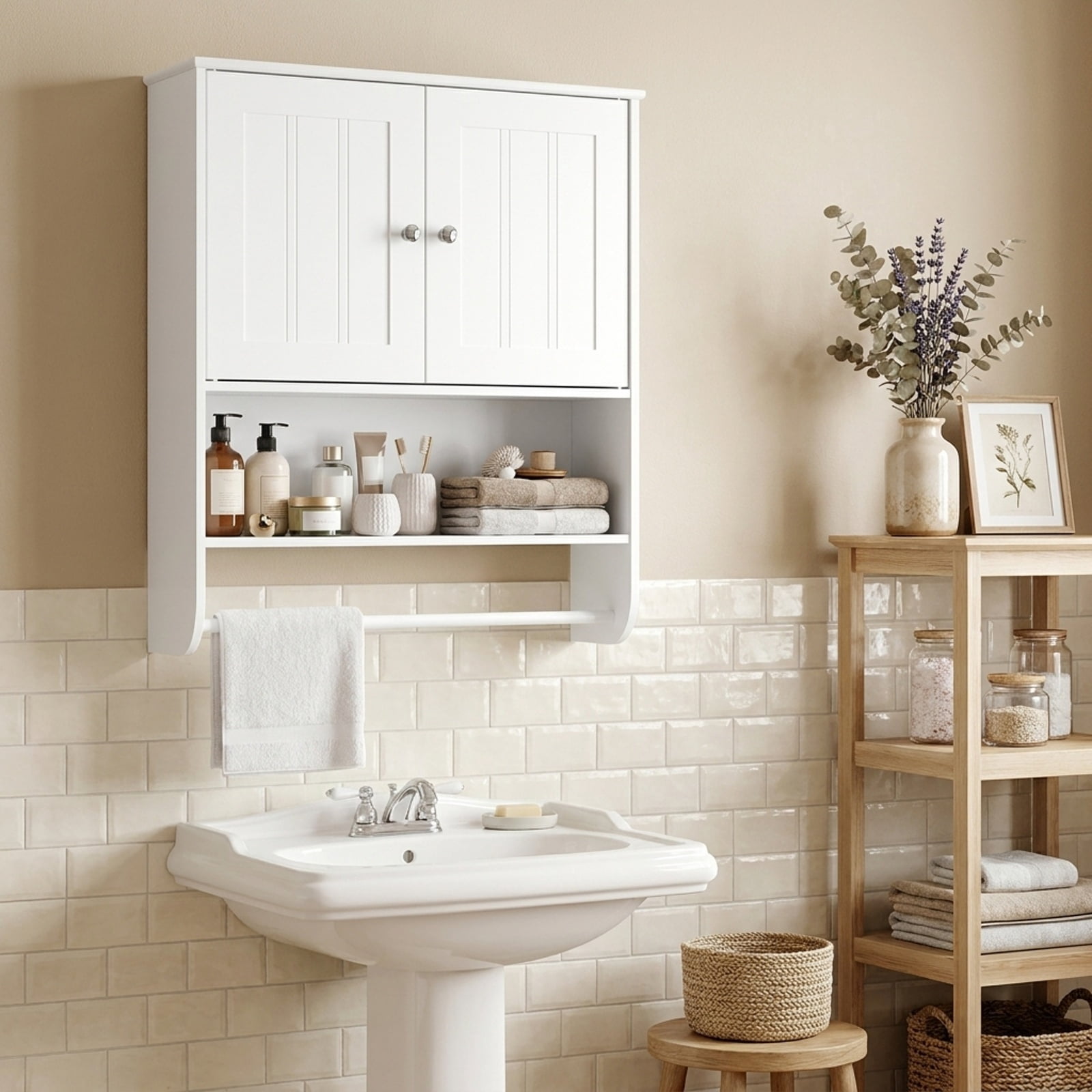Vebreda Bathroom Towel Rack, Bathroom Wall Cabinet with Towel Bar and Open Shelf, Ample Storage Space, Flexible Storage Options