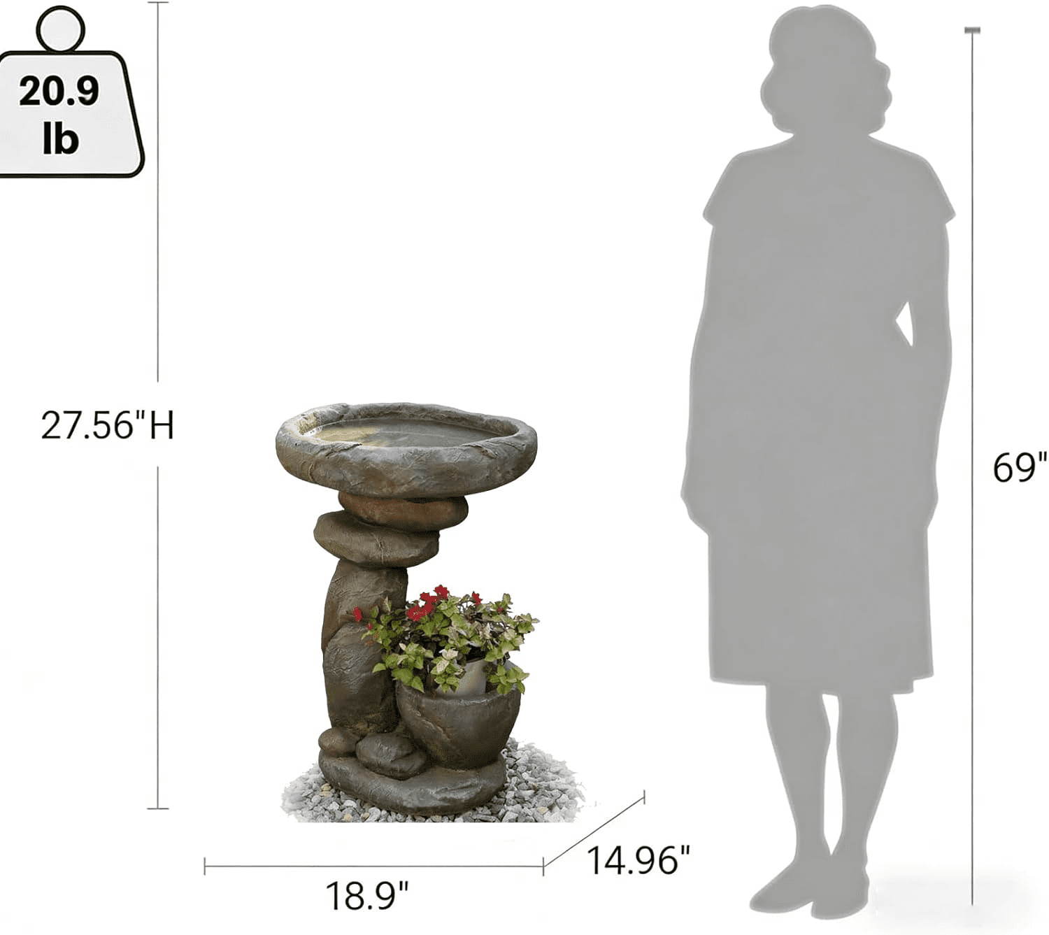 Outdoor Bird Bath Fountain Garden Fountain for Patio Yard Vertical Space Saving Design Weather Resistant Resin Fiberglass Composite