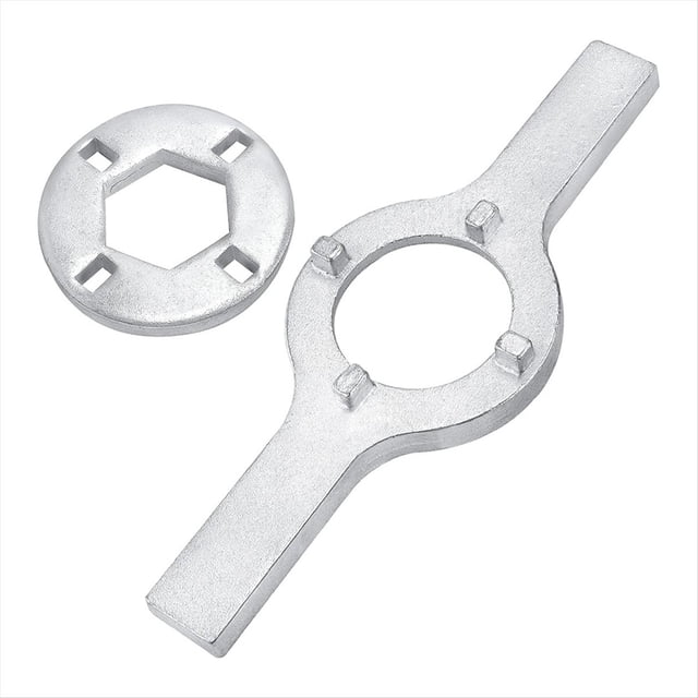 llave inglesa para lavadora tb123a - reemplazo para lavadora - llave para tuercas de - reemplaza a tb123b ap6832671 herramienta plateada de metal, vista frontal centrada con barra de mango doble y placa circular con cuatro salientes para encajar tuercas de lavadora; incluye 1 pieza, fondo blanco. Reemplaza modelos TB123A y AP4503397; también se usa a menudo para ajustar tuercas en conexiones de plomería ligera.