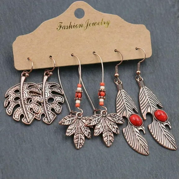 GKNET Boho 3Pairs Boho Gypsy Earrings Set Tribal Ethnic Hook Drop Dangle Women JEWELRY-Rose Gold-Feather